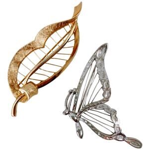 VTG Lot of 2 Mid Century Modern Gold Leaf Brooch & Silver Butterfly Brooch Wire